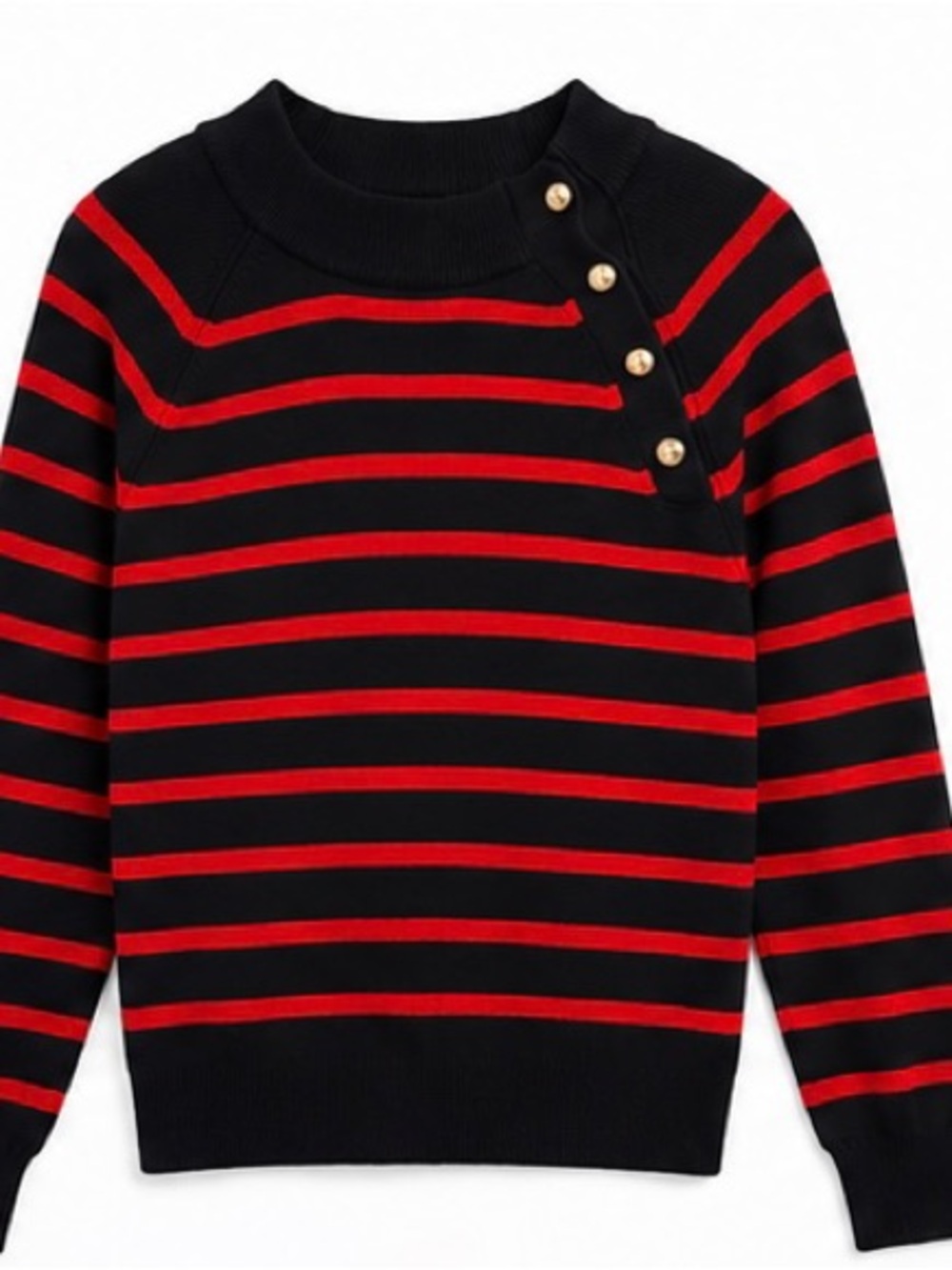 Who What Wear Black and Red Striped Button-Shoulder Crewneck Sweater
